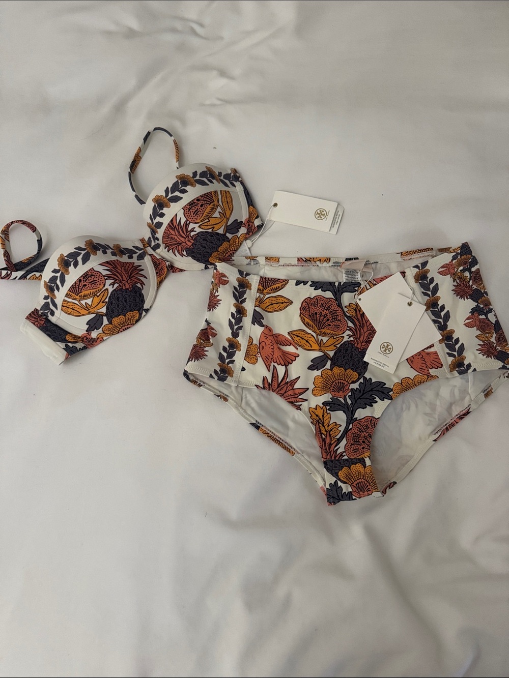 Tory Burch Small White Floral High-Waist Bikini with Mustard & Navy Accents